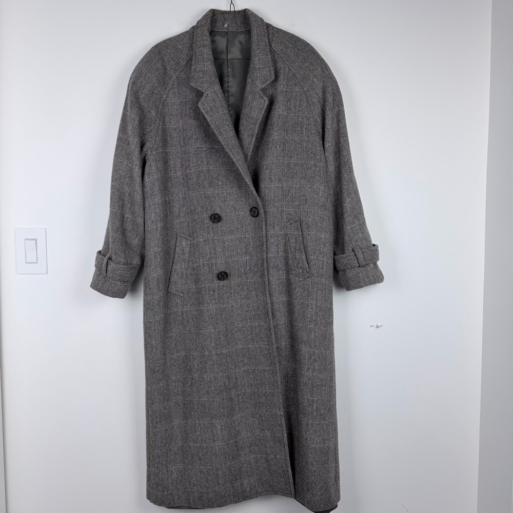 Roma Double-Breasted Gray Plaid Long Trench Coat